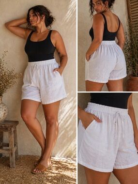 Tahari Plus Size Lightweight White 100% Linen Drawstring Shorts